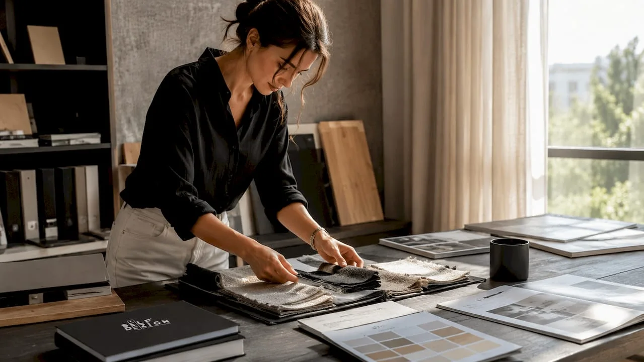 Hands handling fabric and material samples in design studio