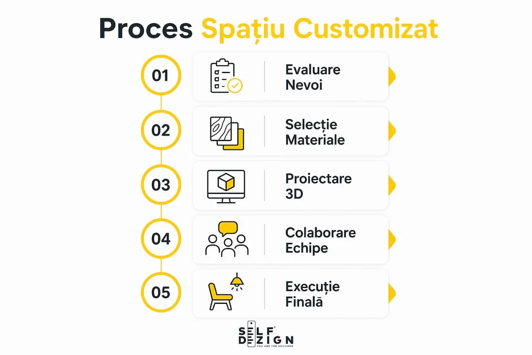 Infografic prezentand pasii procesului de creare a unui spatiu customizat
