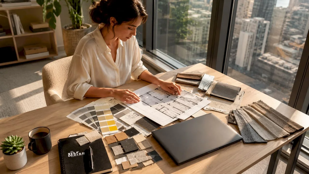 Interior designer reviewing blueprints at modern studio desk
