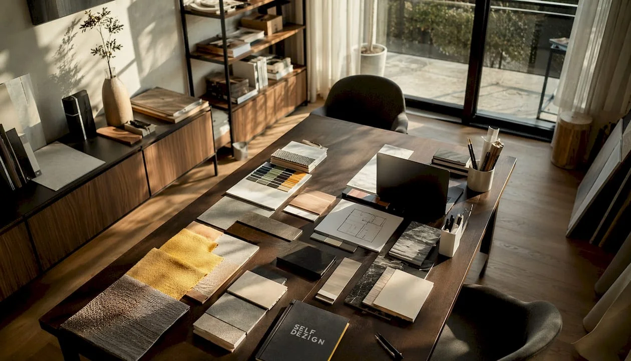Birou modern cu mostre materiale pentru design interior