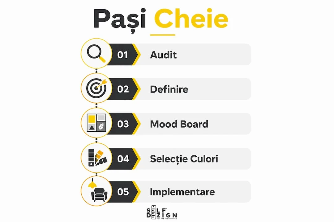Infografic cu pasii crearii identitatii vizuale interioare
