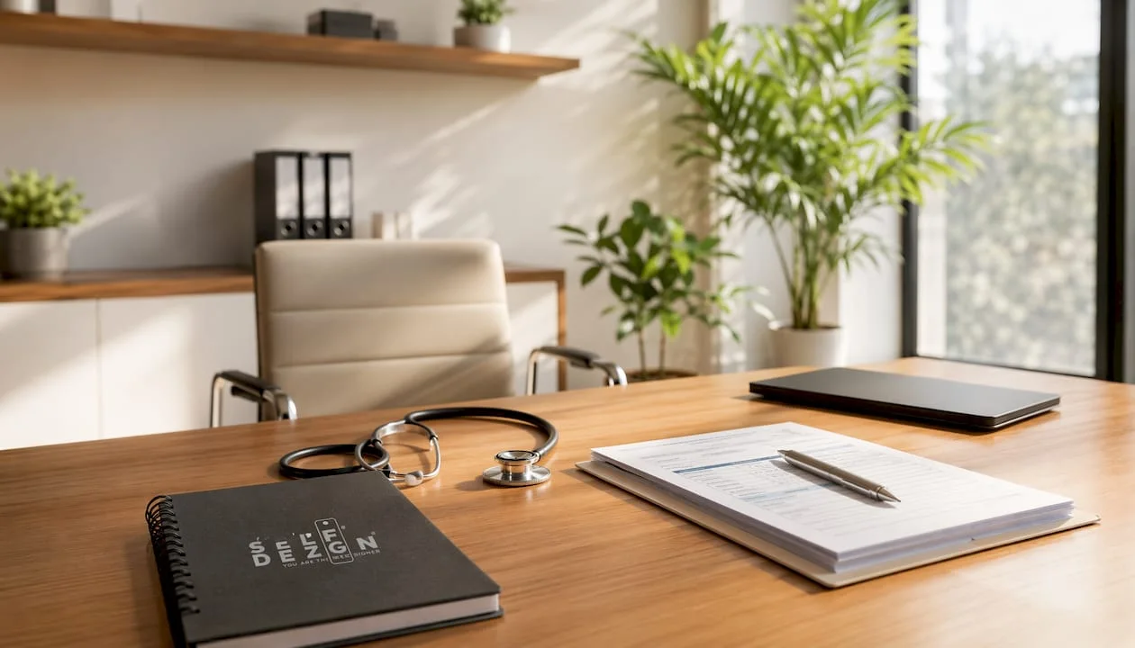 Modern private medical office with regulatory documents