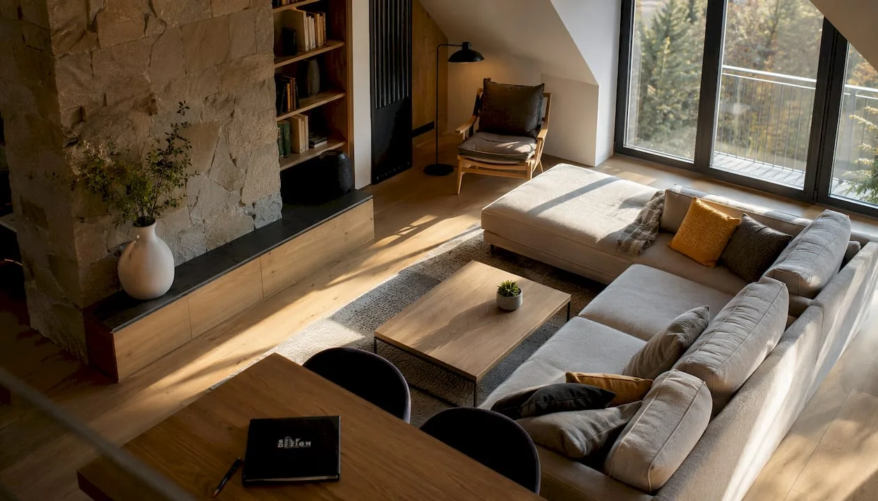 Living modern cu design minimalist cald si materiale naturale