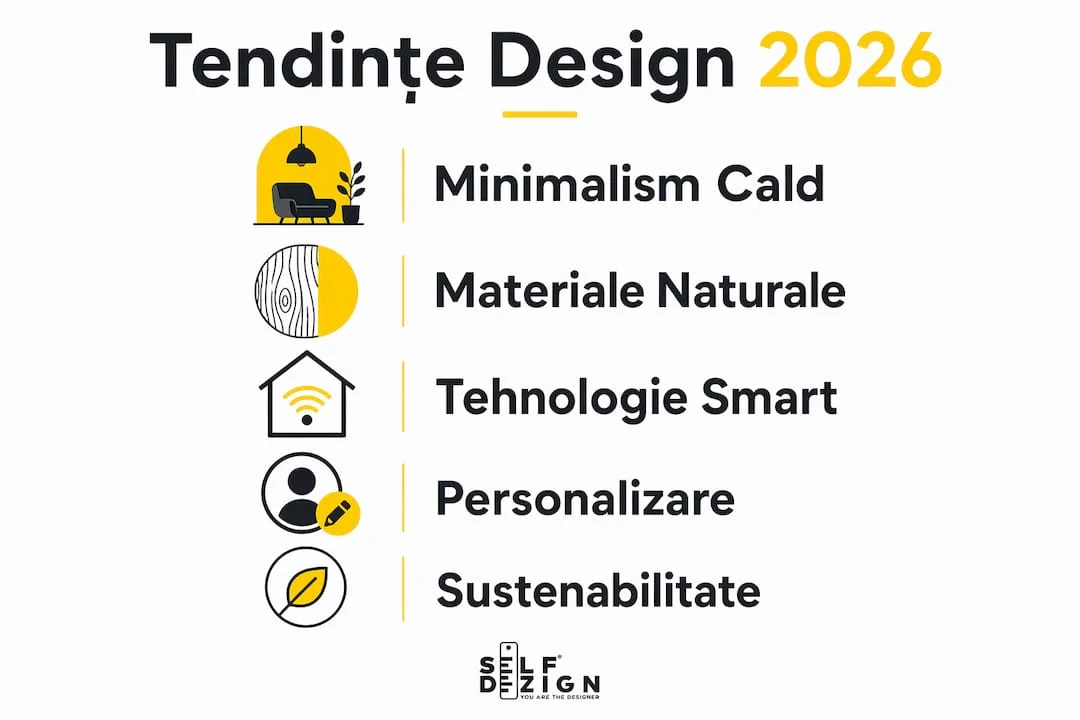 Infografic cu tendinte principale in design interior 2026