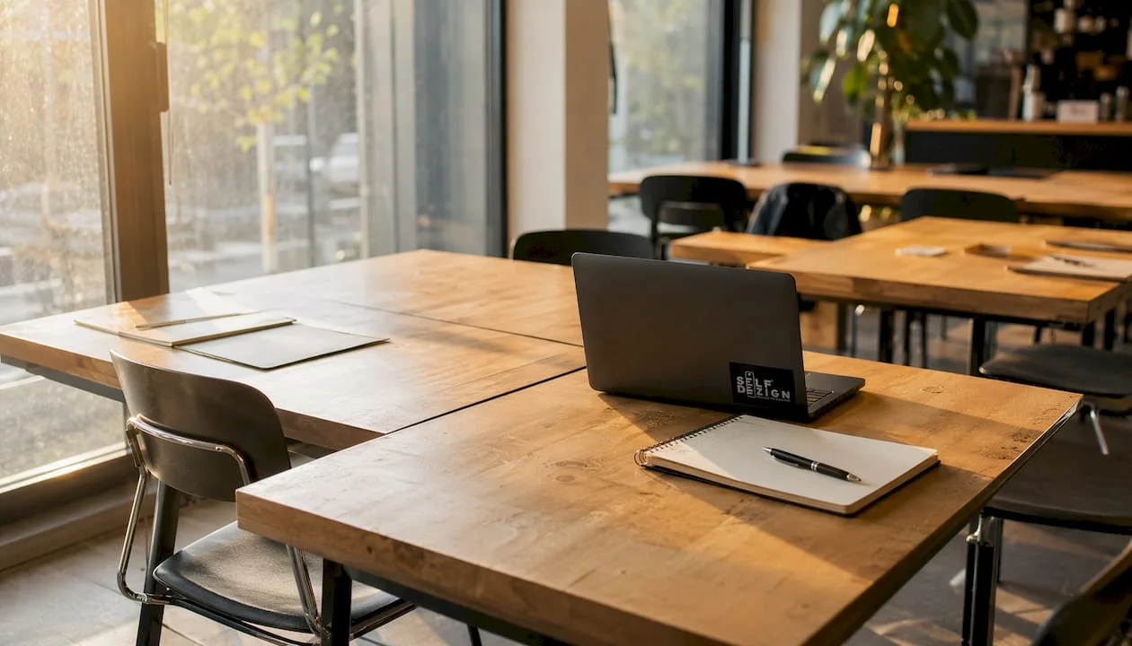Modular office desks in sunlit modern space