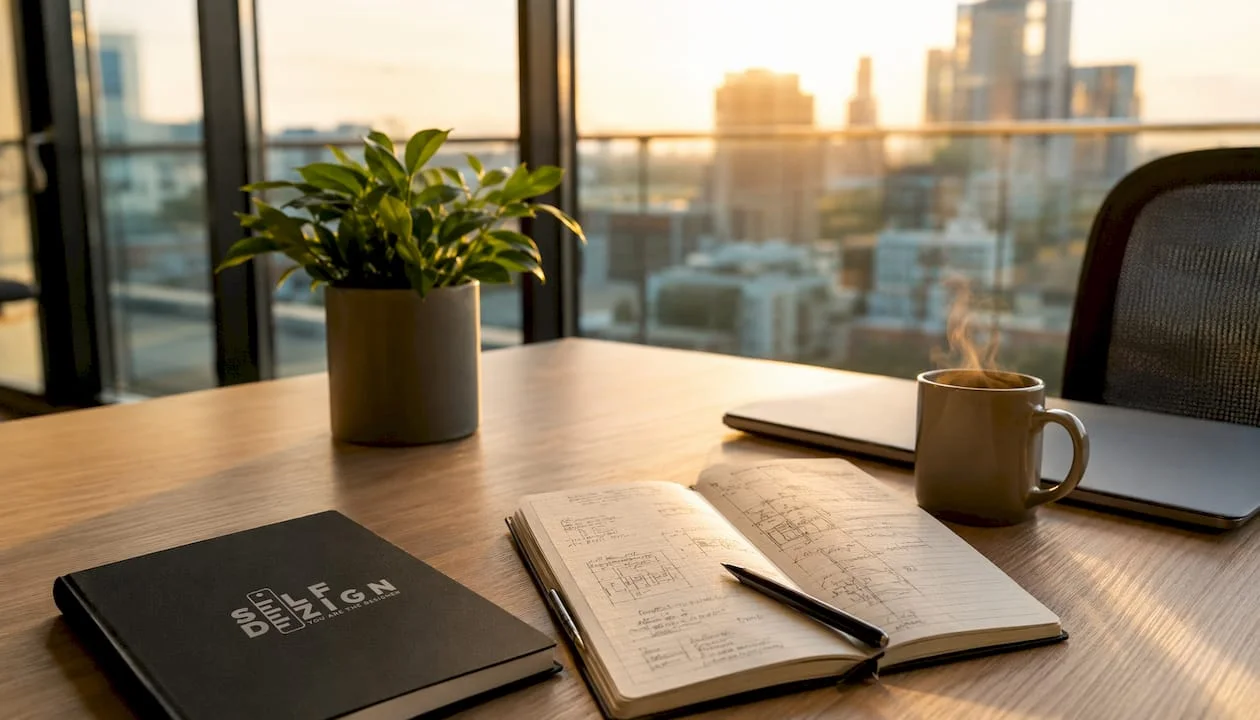 Modern office desk with checklist and sunlight