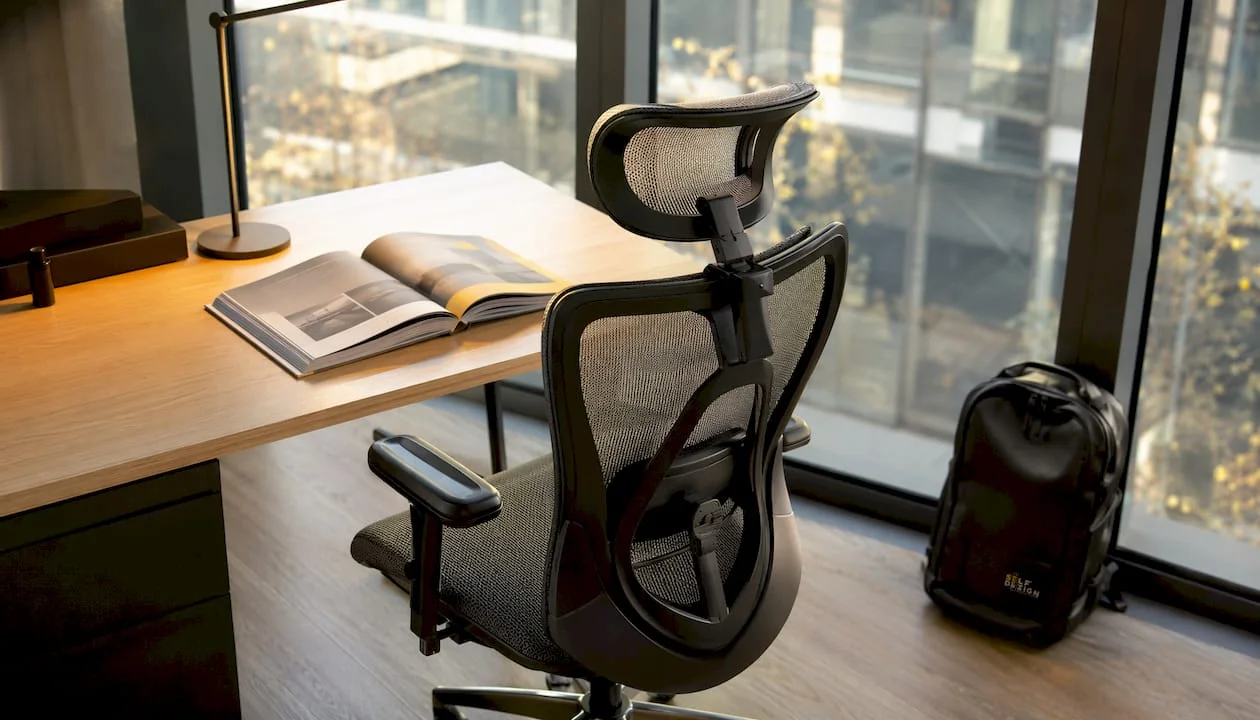 Detailed ergonomic office chair under natural light