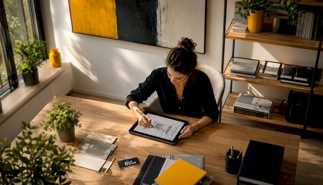 Interior designer working in modern Scandinavian living room