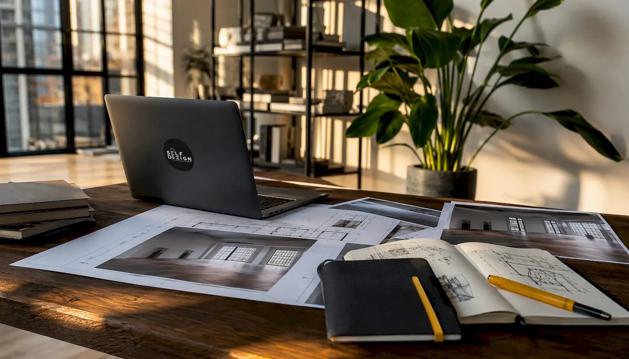 Office desk with blueprints and photos for design planning
