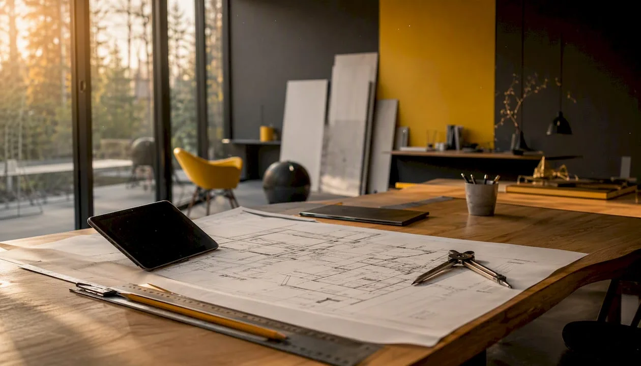 Modern-design-studio-workspace-with-blueprints