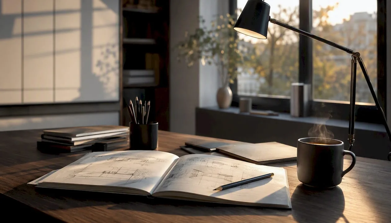 Architect-s-workspace-with-plans-and-pencil
