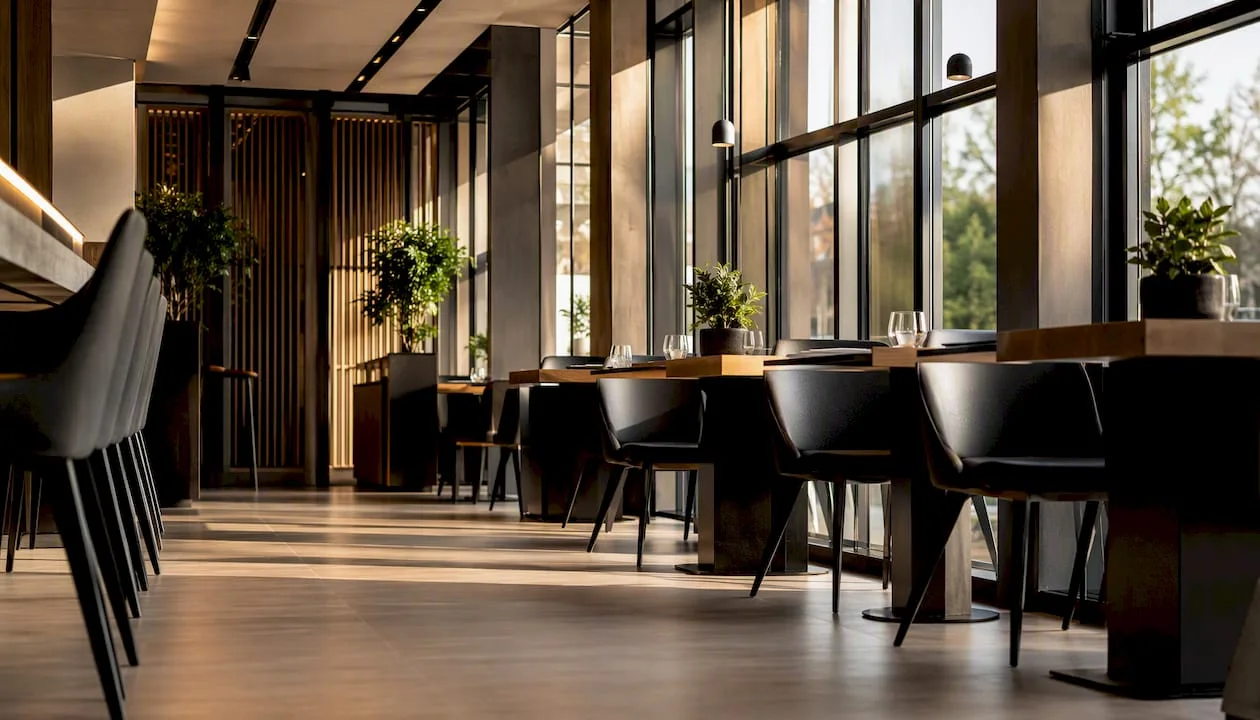 Minimalist-restaurant-interior-with-bold-furniture
