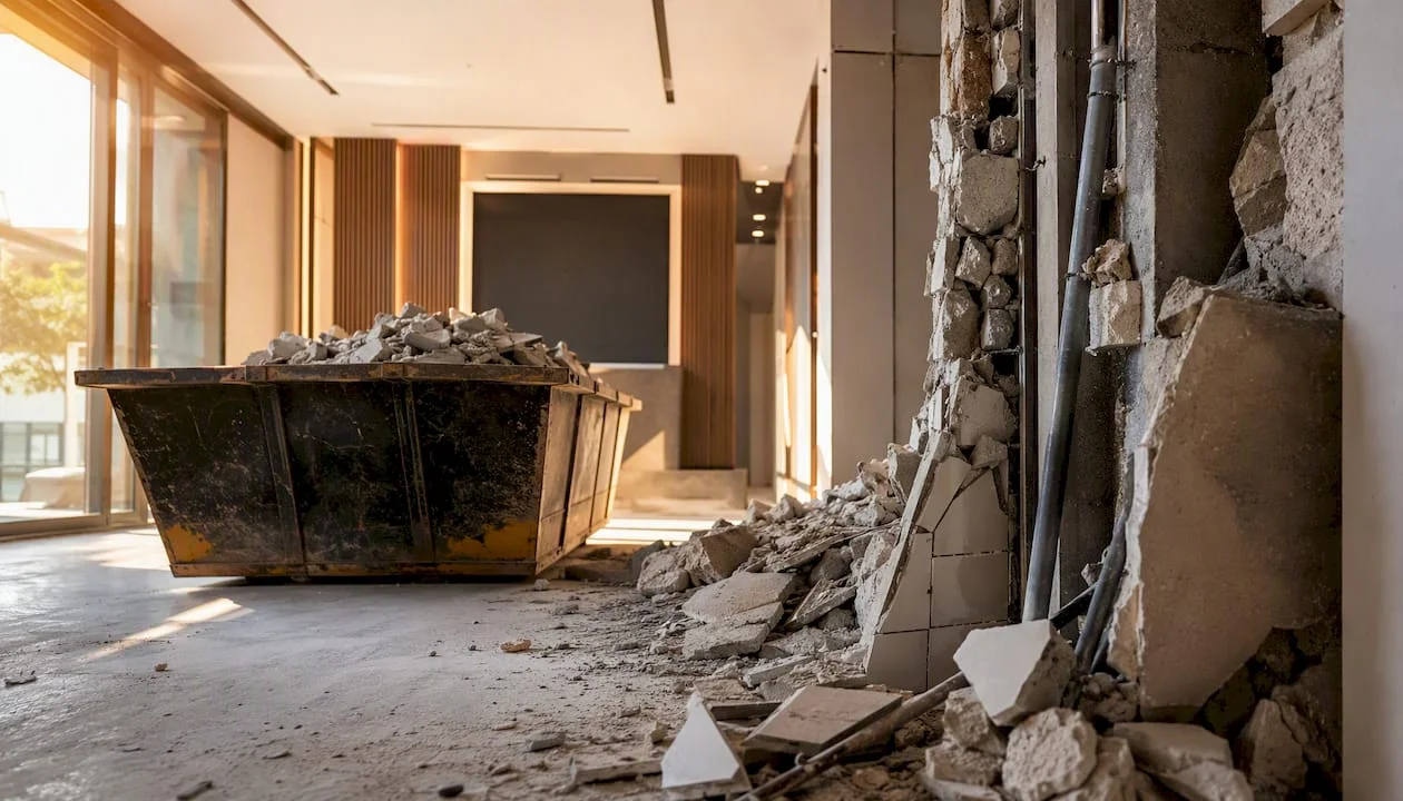 Container-with-demolition-debris-in-renovation-site