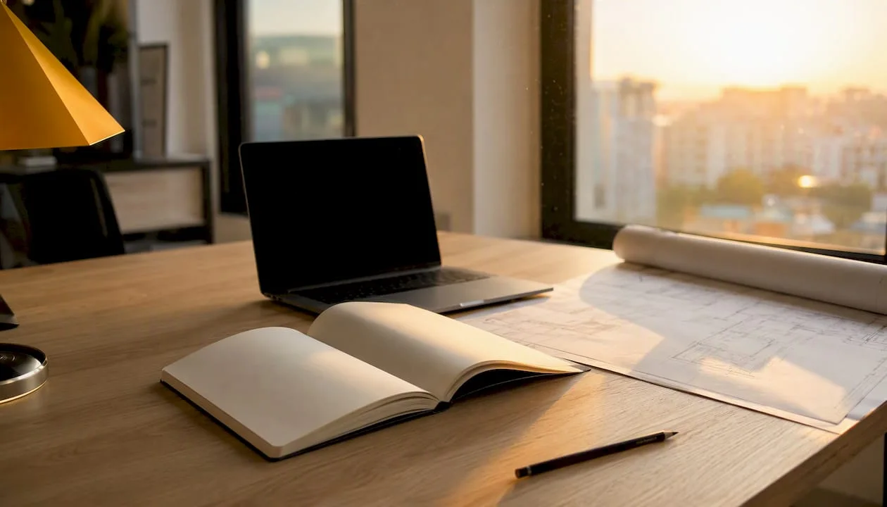 Modern-desk-with-calculator-and-plans