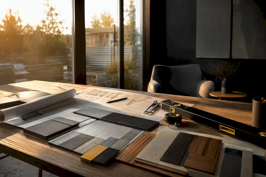 Modern-commercial-interior-workspace-with-plans-and-samples