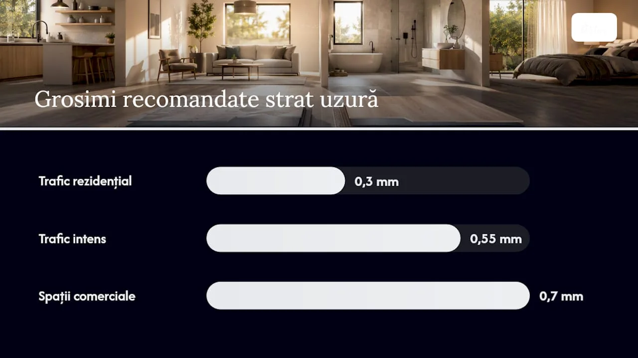 Diagramă comparativă a grosimii stratului de uzură pentru SPC și LVT