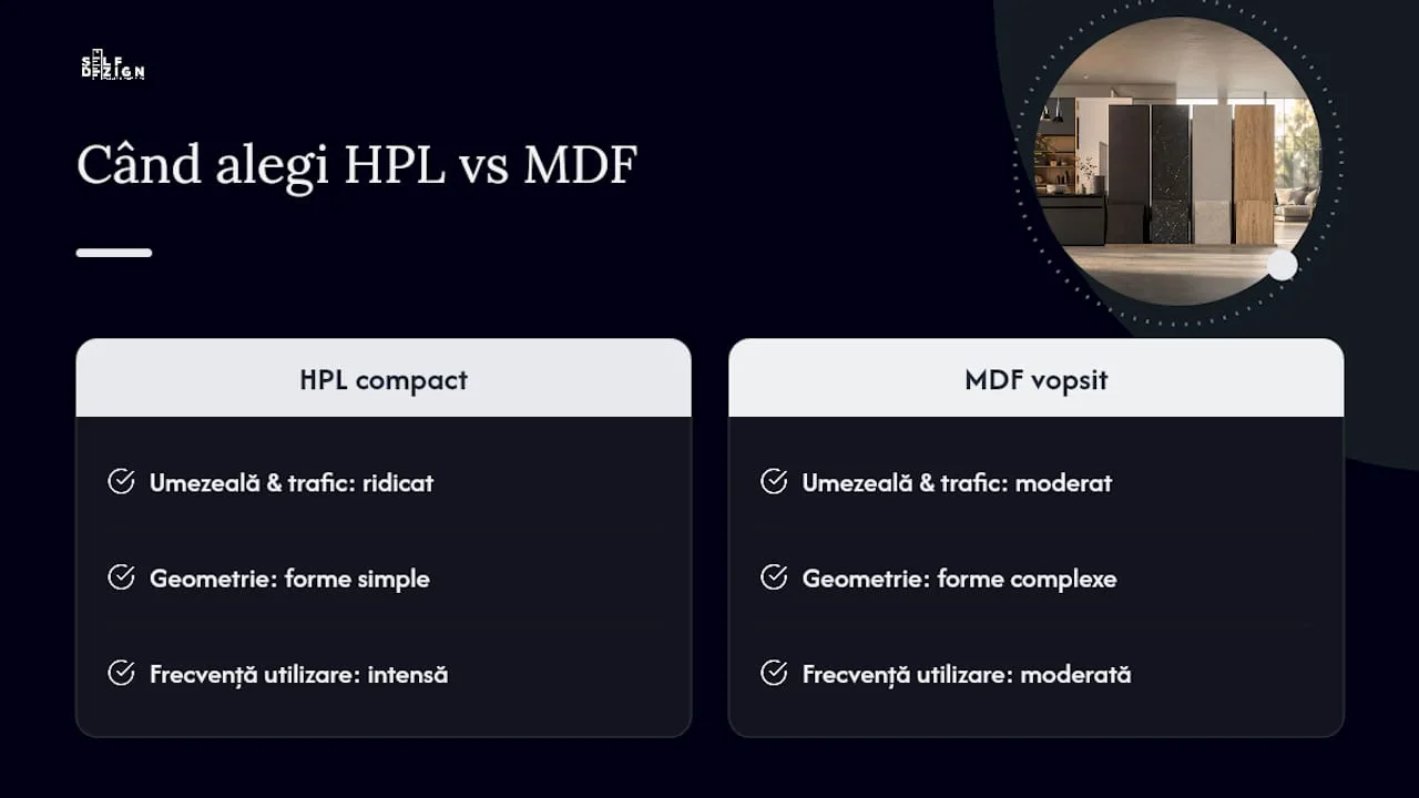 Diagramă cu trei criterii pentru HPL versus MDF