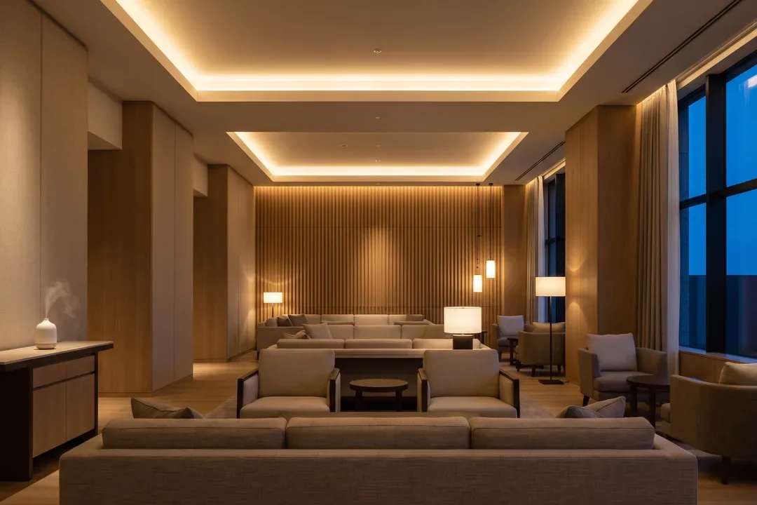 Lounge de lobby la lăsarea serii, cu iluminat pe straturi și suprafețe textile absorbante