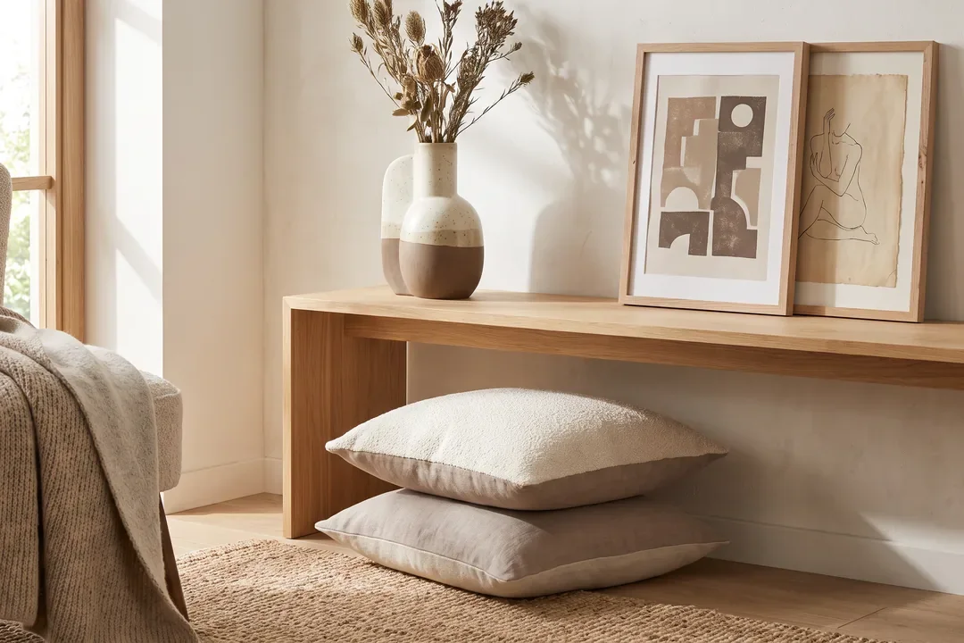 Accente decorative reversibile pe o consolă de stejar: perne, textile, ceramică și printuri