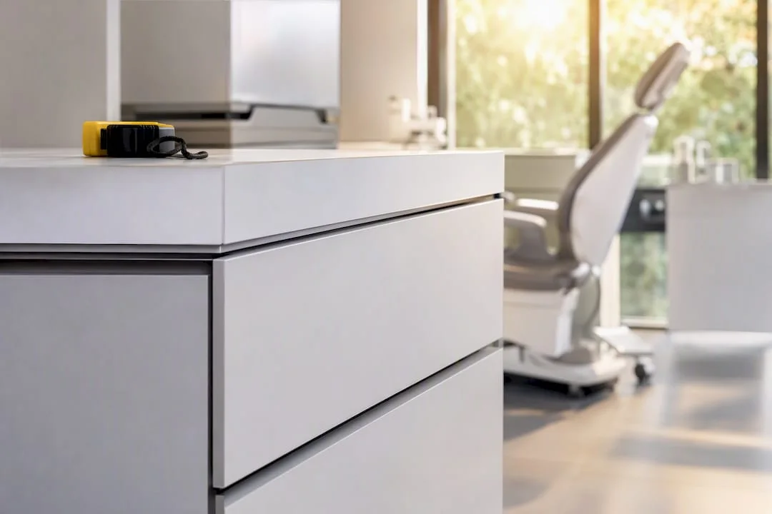 Detaliu de mobilier personalizat într-o clinică modernă