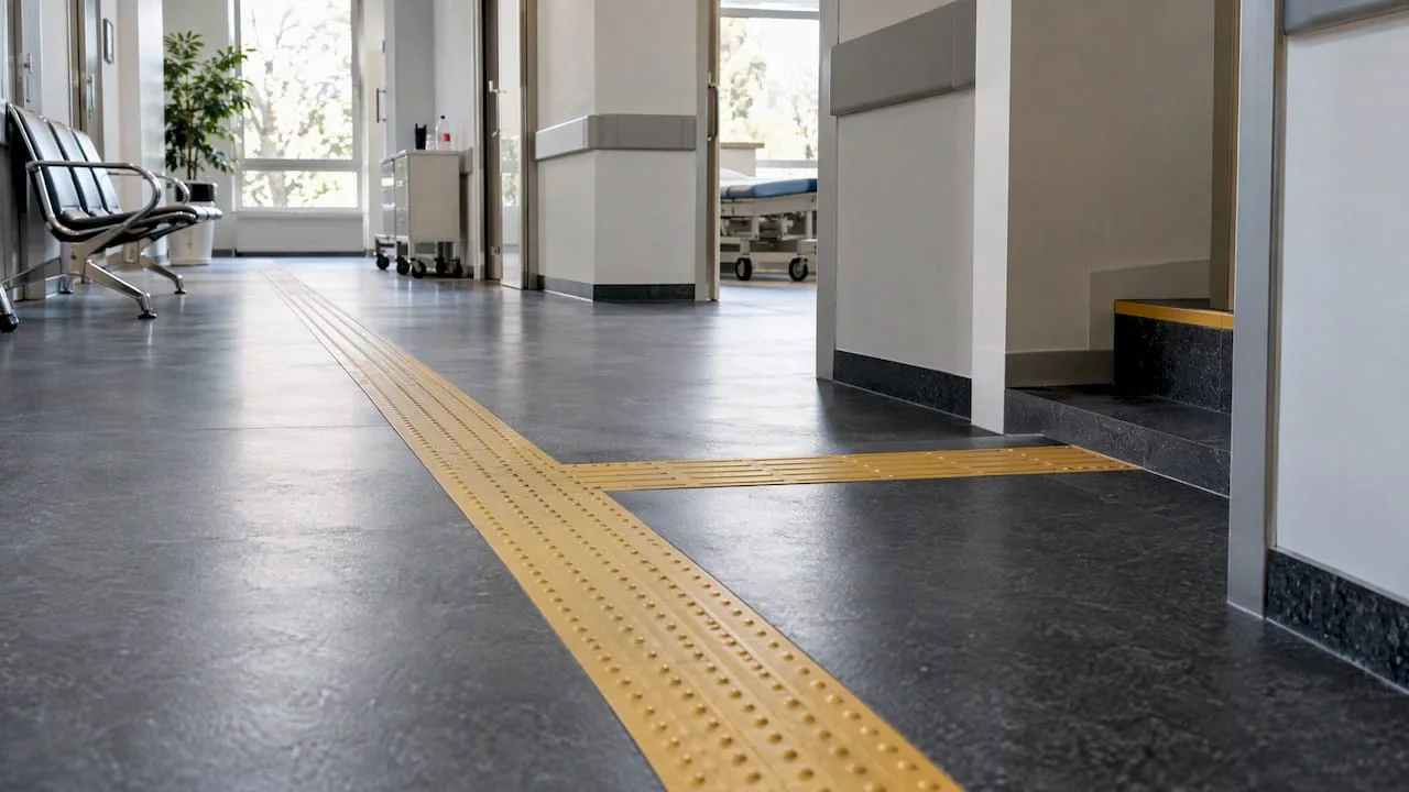 Traseu tactil pe un coridor al clinicii