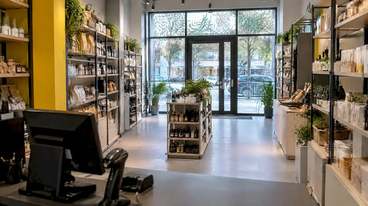 Interior modern al unui magazin mic, cu un traseu clar definit