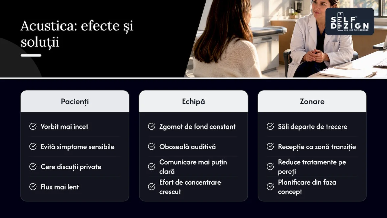 Cum influențează acustica fluxul de pacienți și comunicarea în cabinet — overview diagram