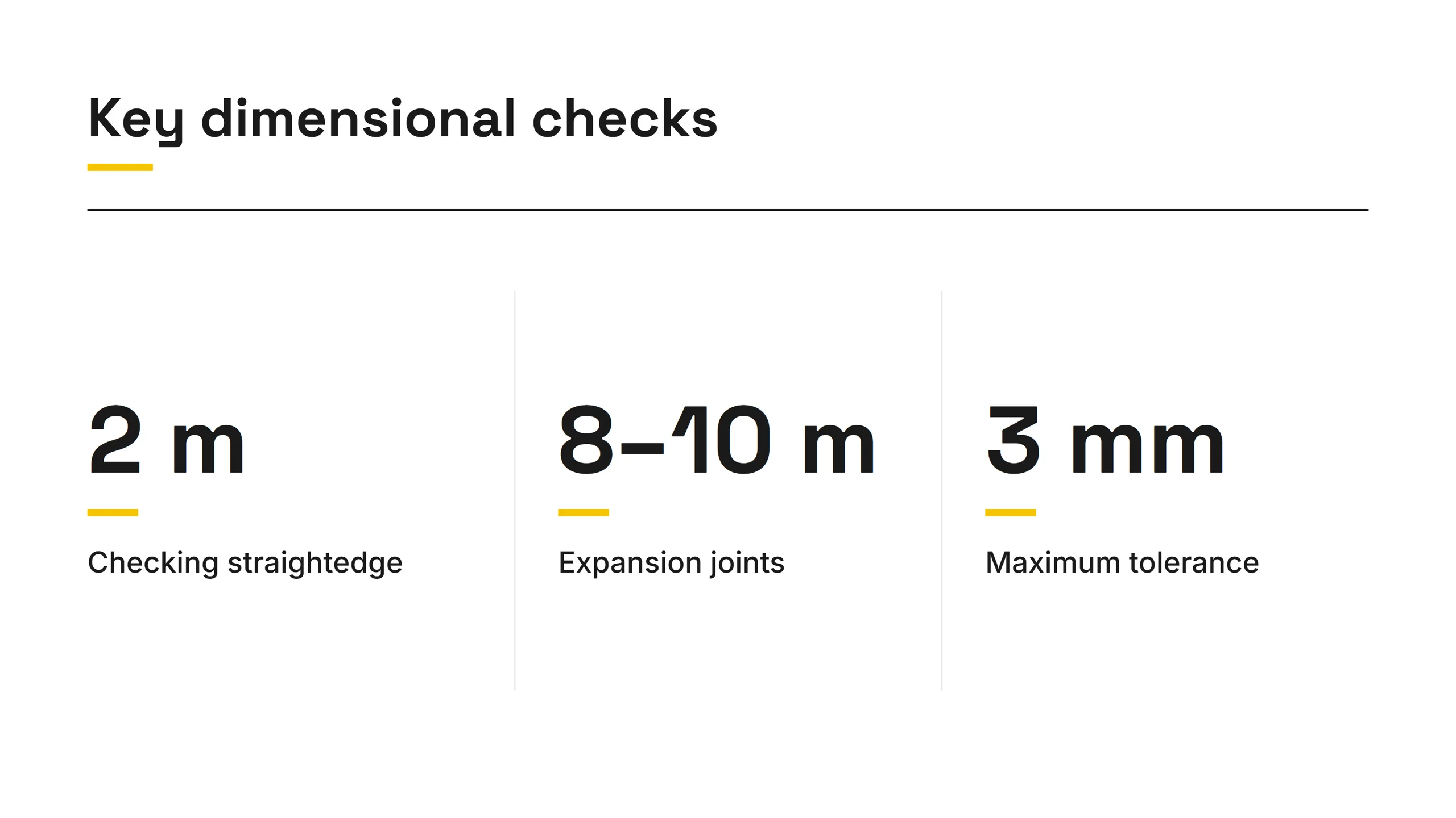 Key tiling checks: 2 m checking straightedge, expansion joints 8–10 m, maximum tolerance 3 mm
