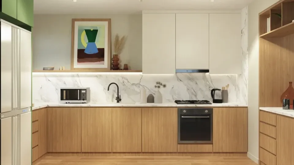 Green Refuge - the kitchen run with a marble splashback and oak cabinetry