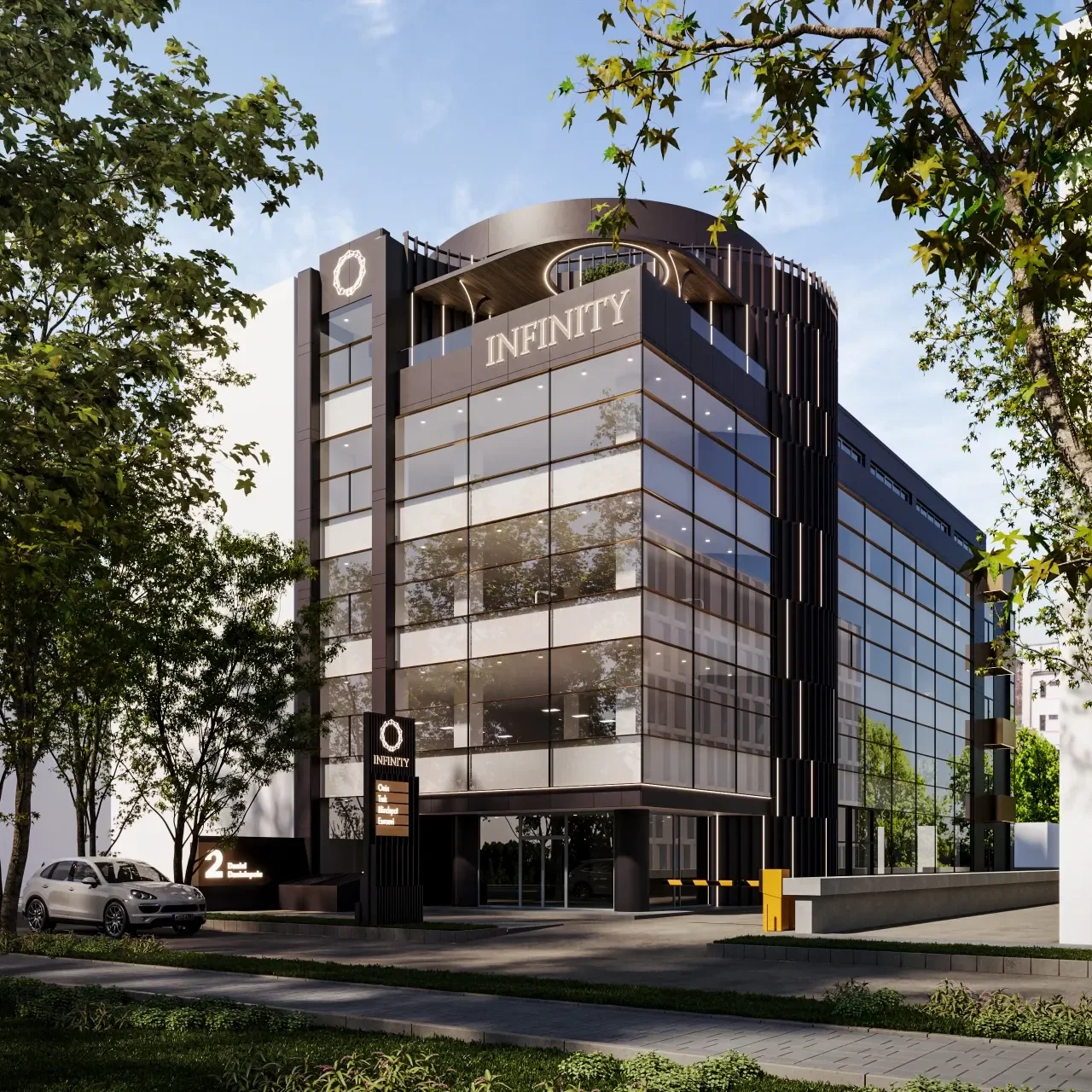 Infinity Office - the office building facade, with dark glazing and the illuminated sign