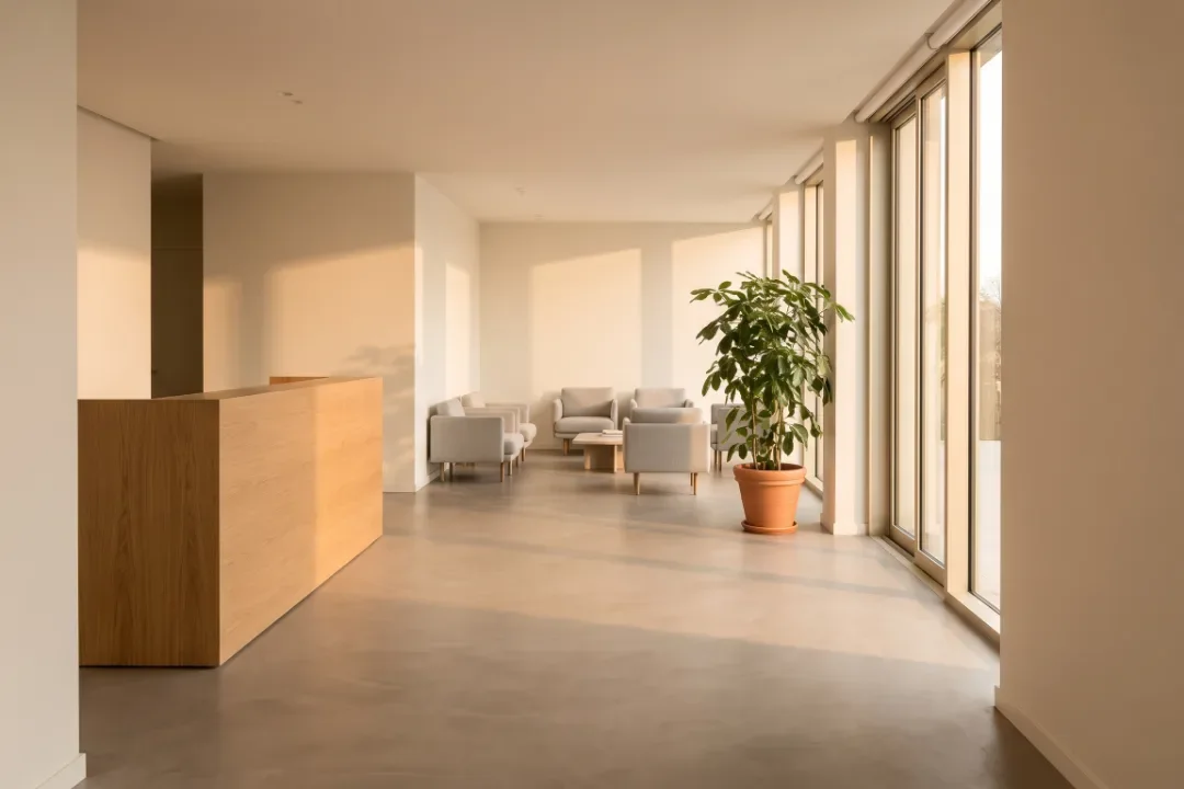 Zona de recepție văzută din punctul în care intră un vizitator pentru prima dată