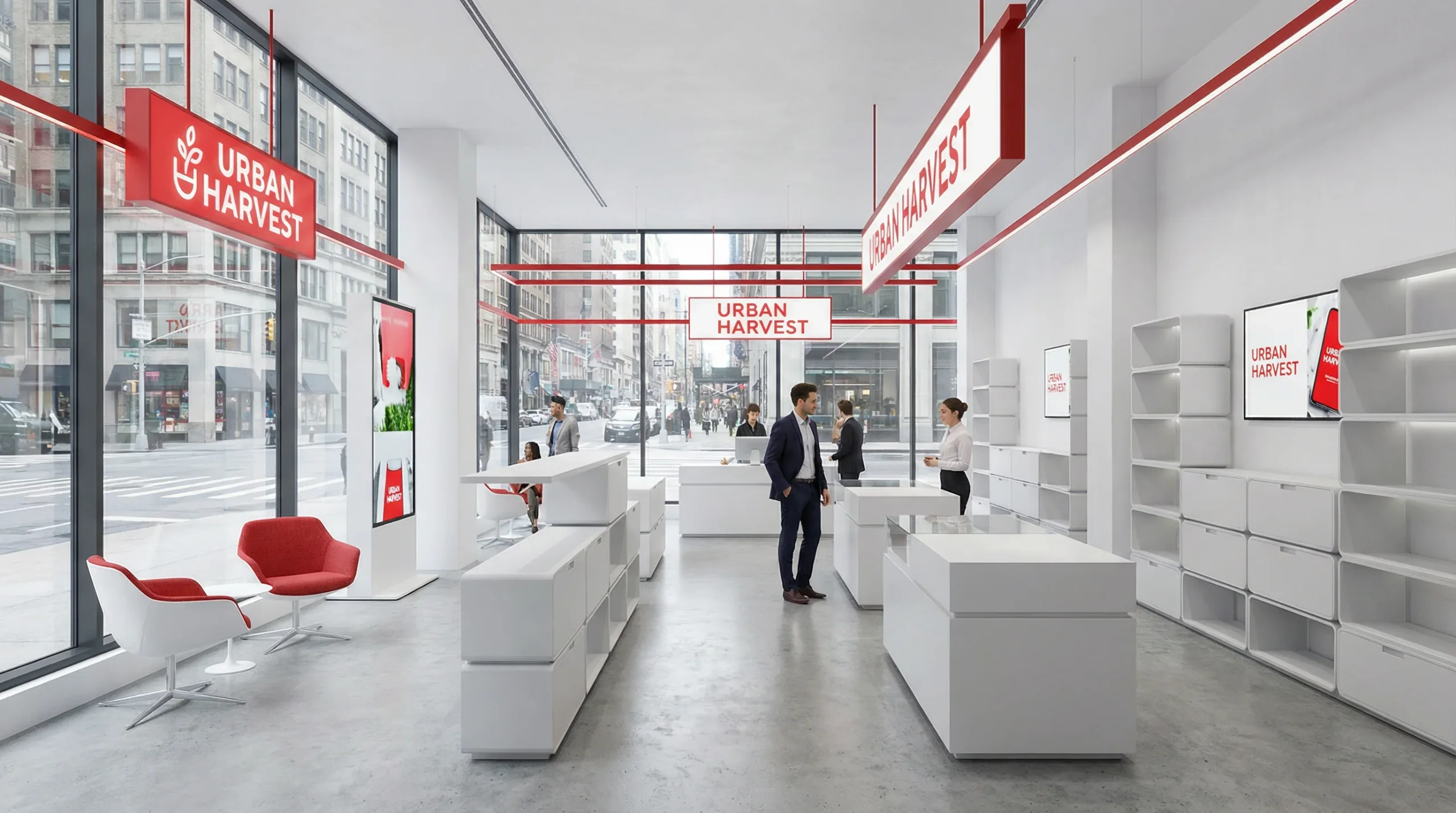 FMCG Branding - the Urban Harvest store, with red suspended signage