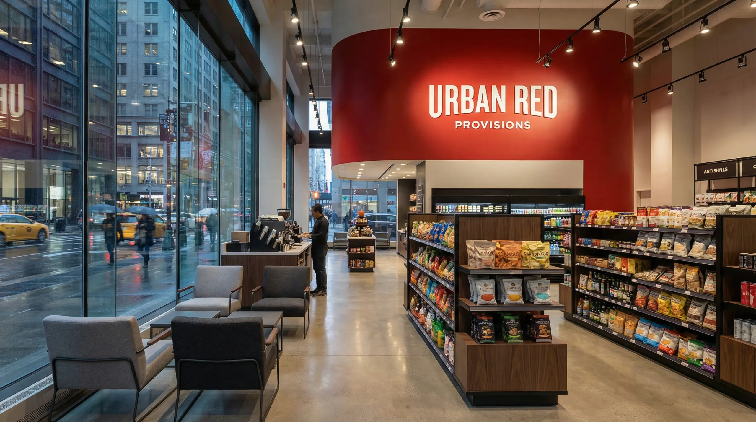 FMCG Branding - the Urban Red Provisions store, with the curved red wall and the shelving