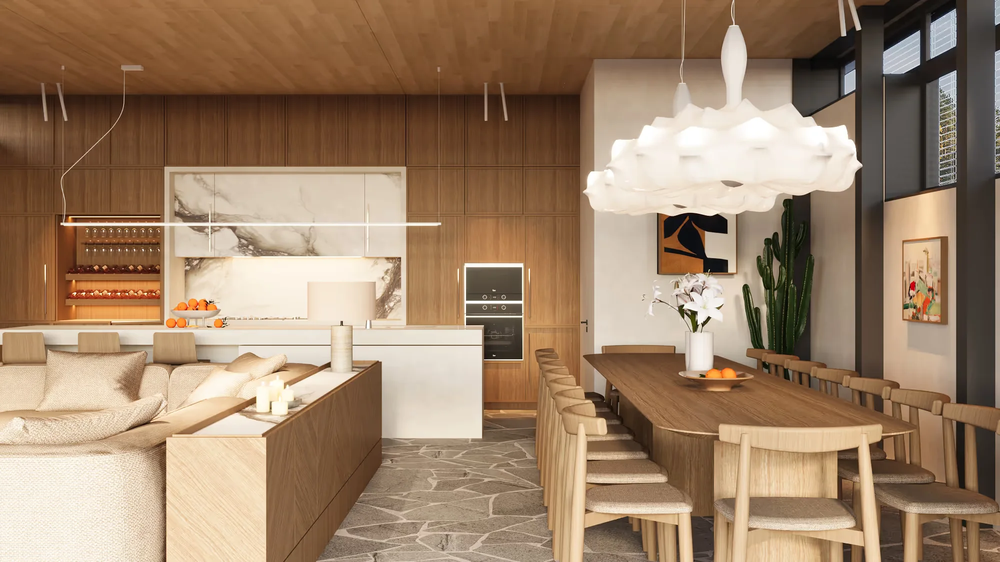 Pavilionul Verde - the open-plan area, with the long table under the sculptural light