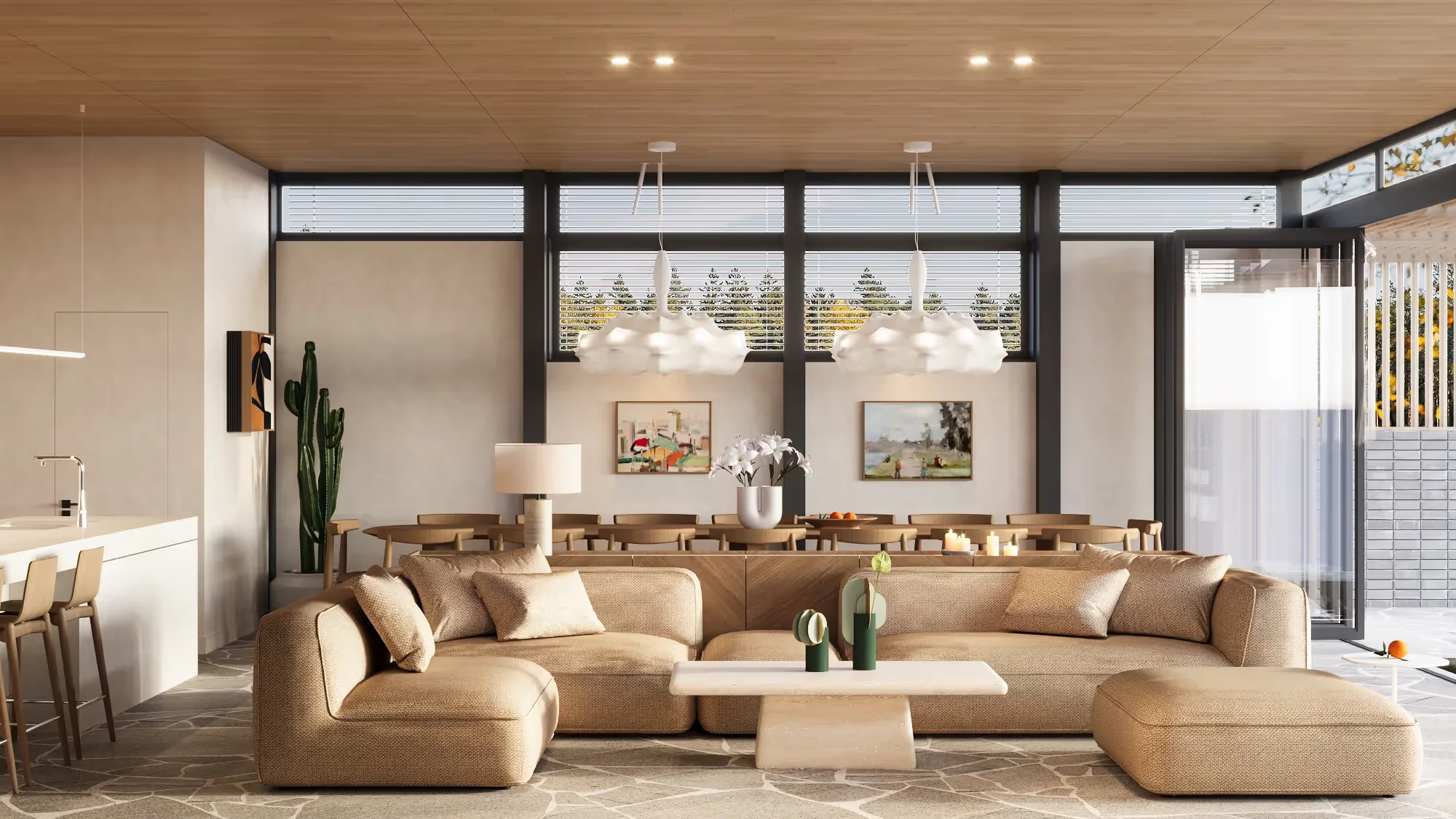 Pavilionul Verde - the living room with a modular sofa and a timber ceiling