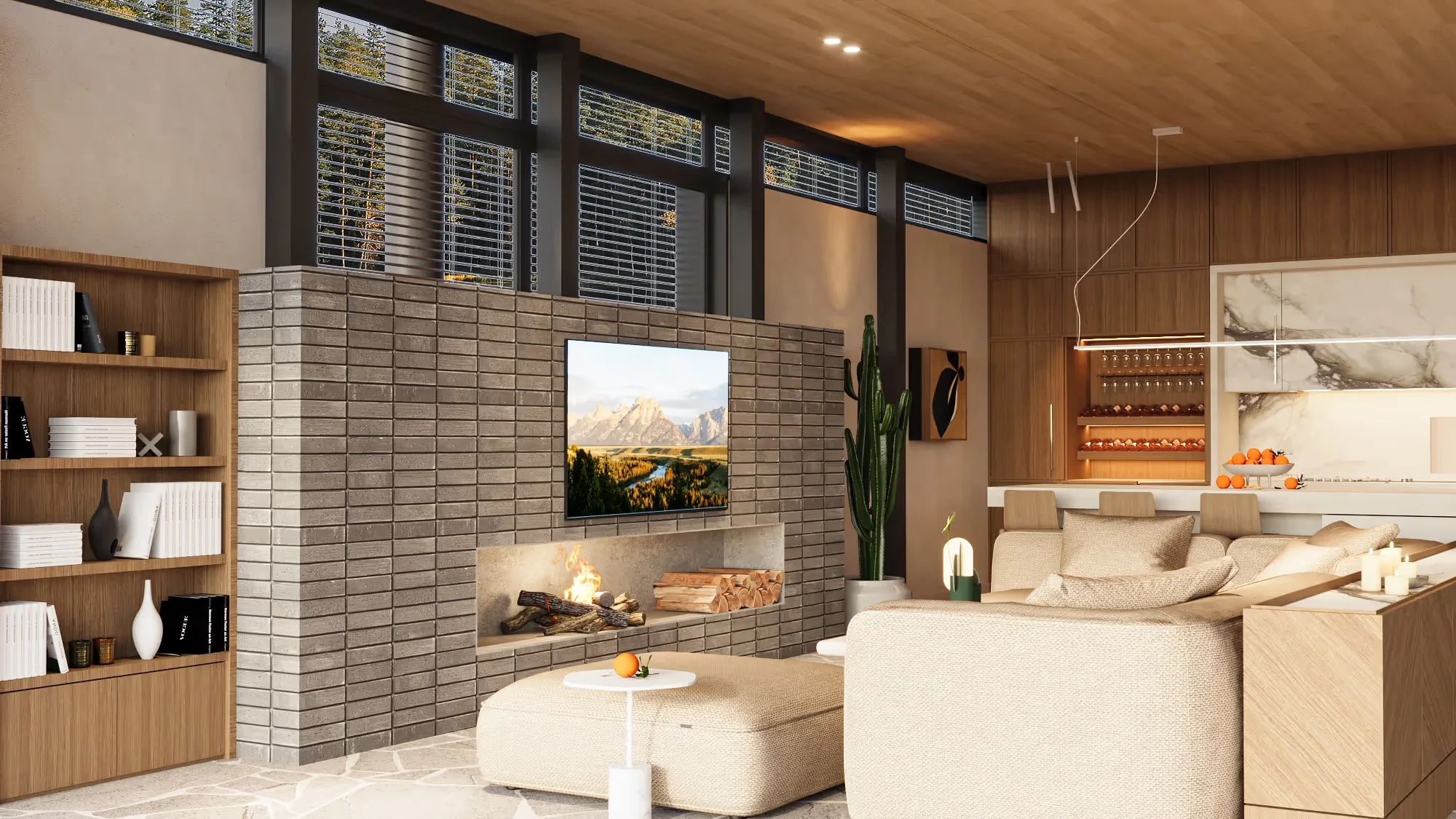 Pavilionul Verde - the brick wall with the linear fireplace and the television