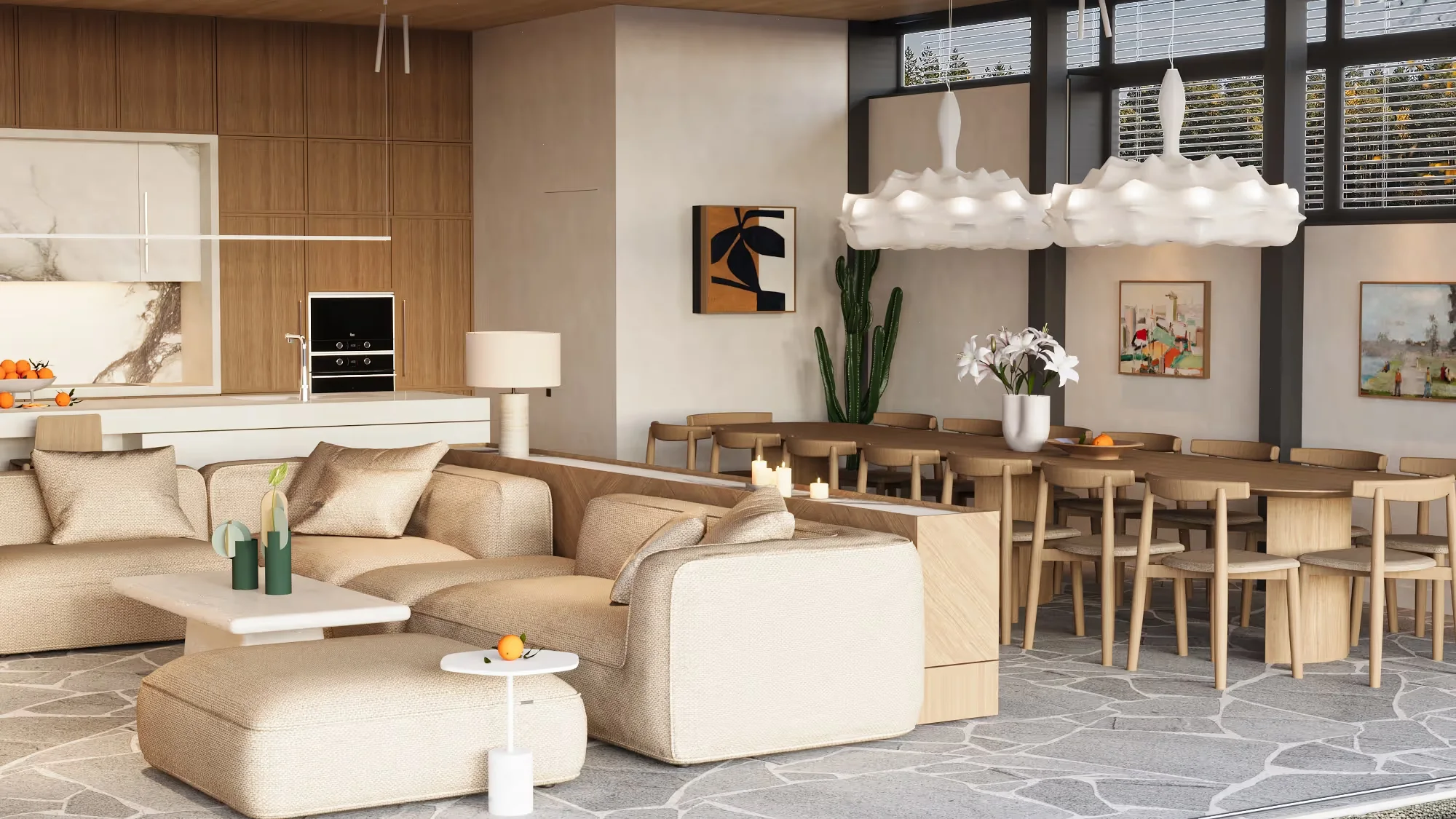 Pavilionul Verde - the living area and the long table under the white pendants