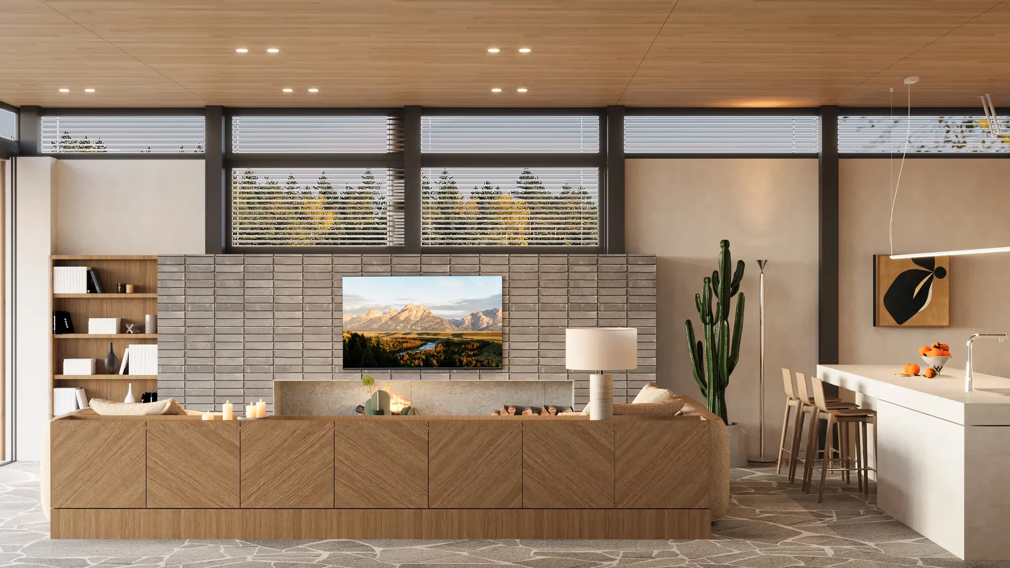Pavilionul Verde - the media wall, with the full-width oak sideboard
