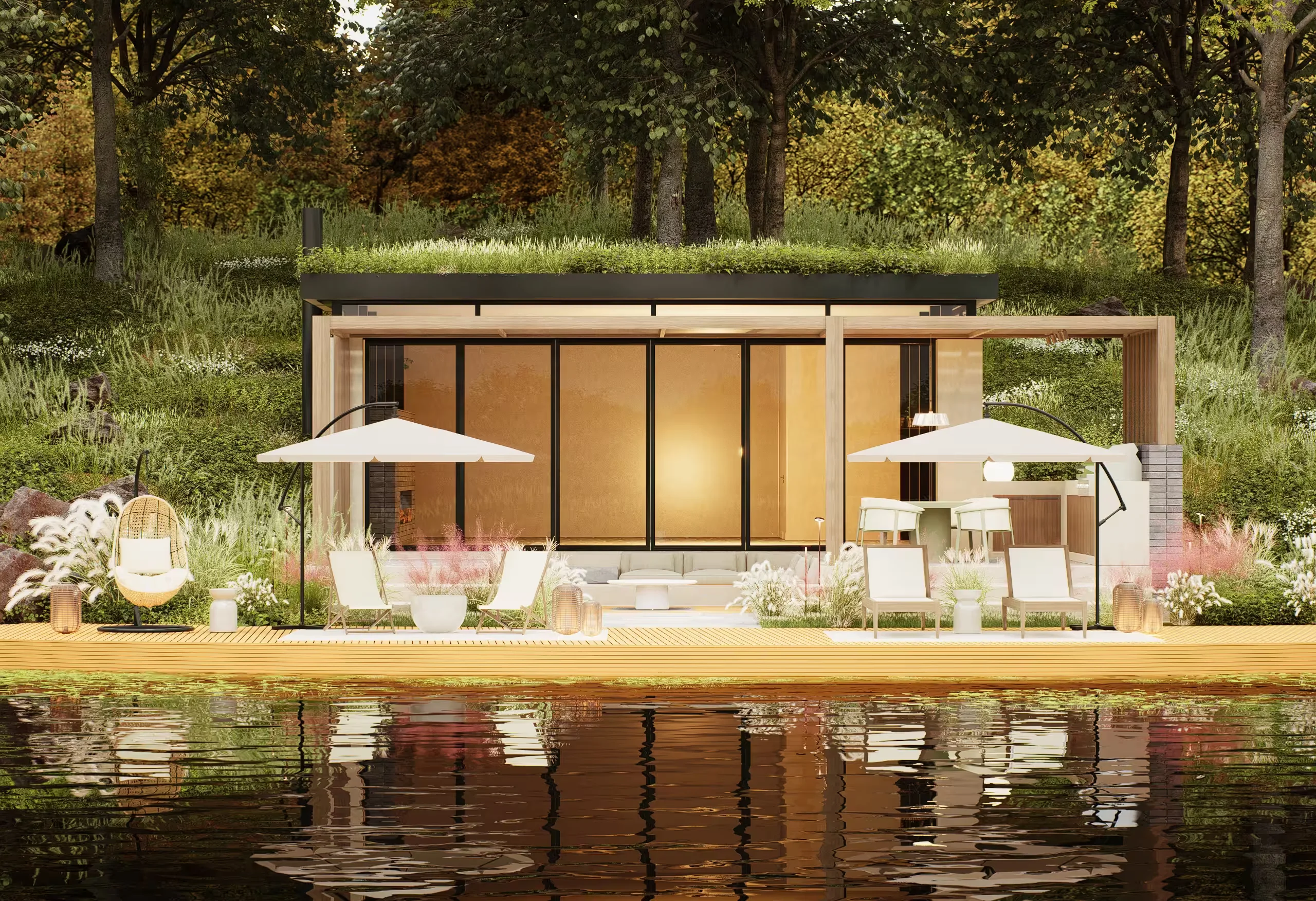 Pavilionul Verde - the lake-facing elevation, with the green roof and two parasols
