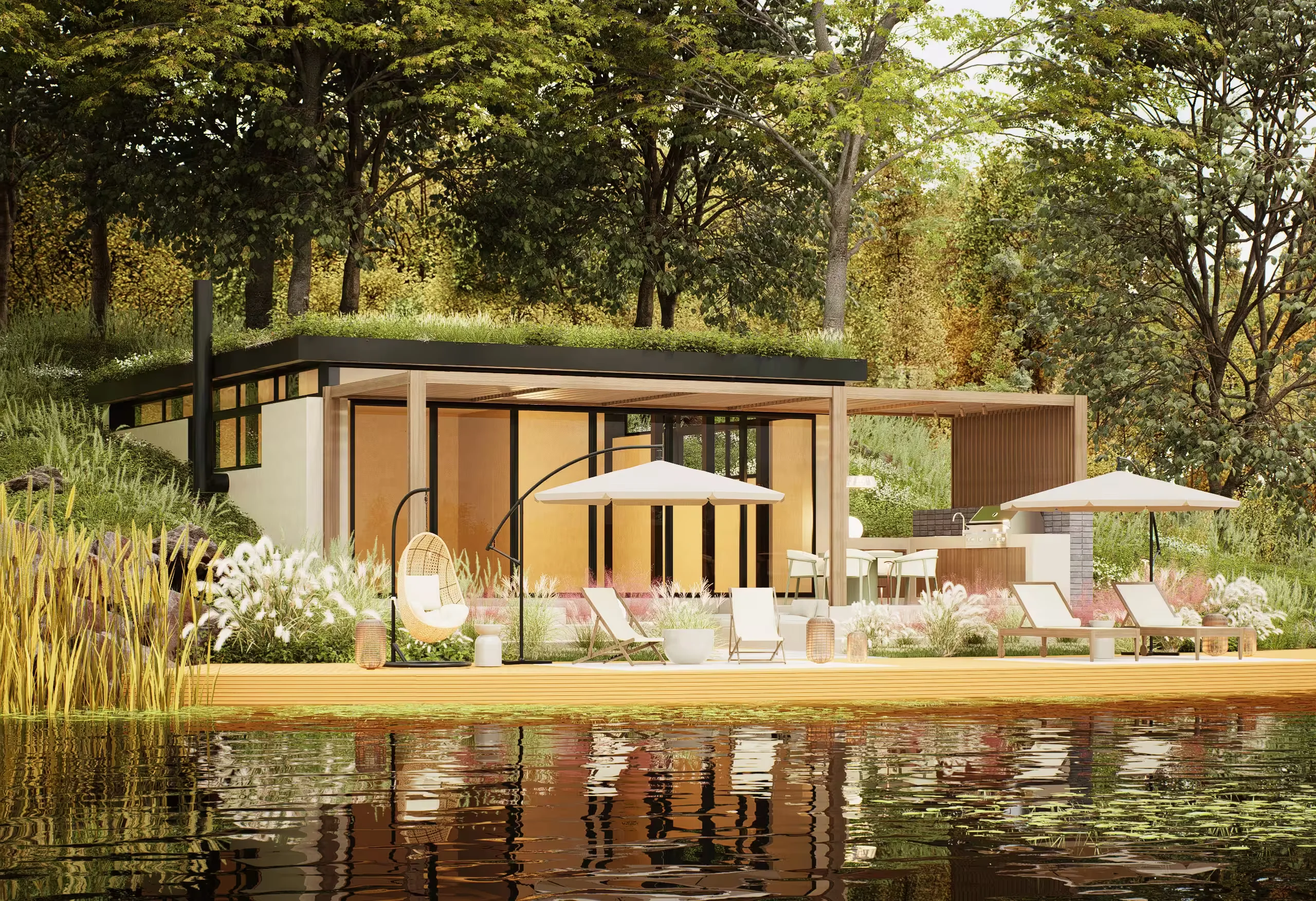 Pavilionul Verde - the volume set into the slope, with the hanging chair and the summer kitchen