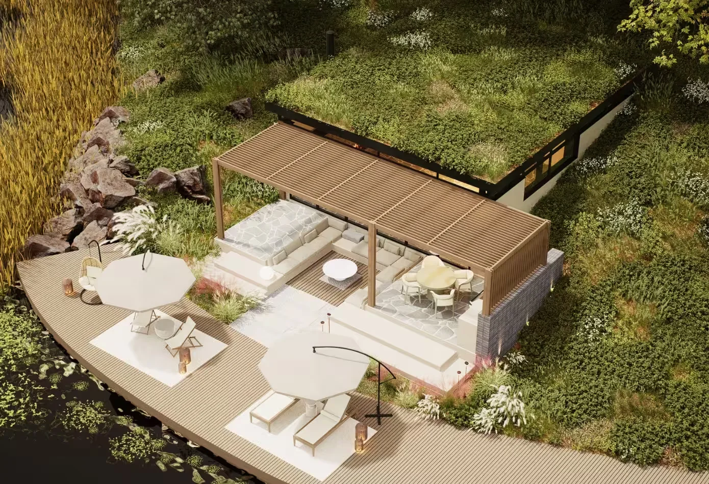 Pavilionul Verde - aerial view, with the pergola, the seating area and the deck to the lake