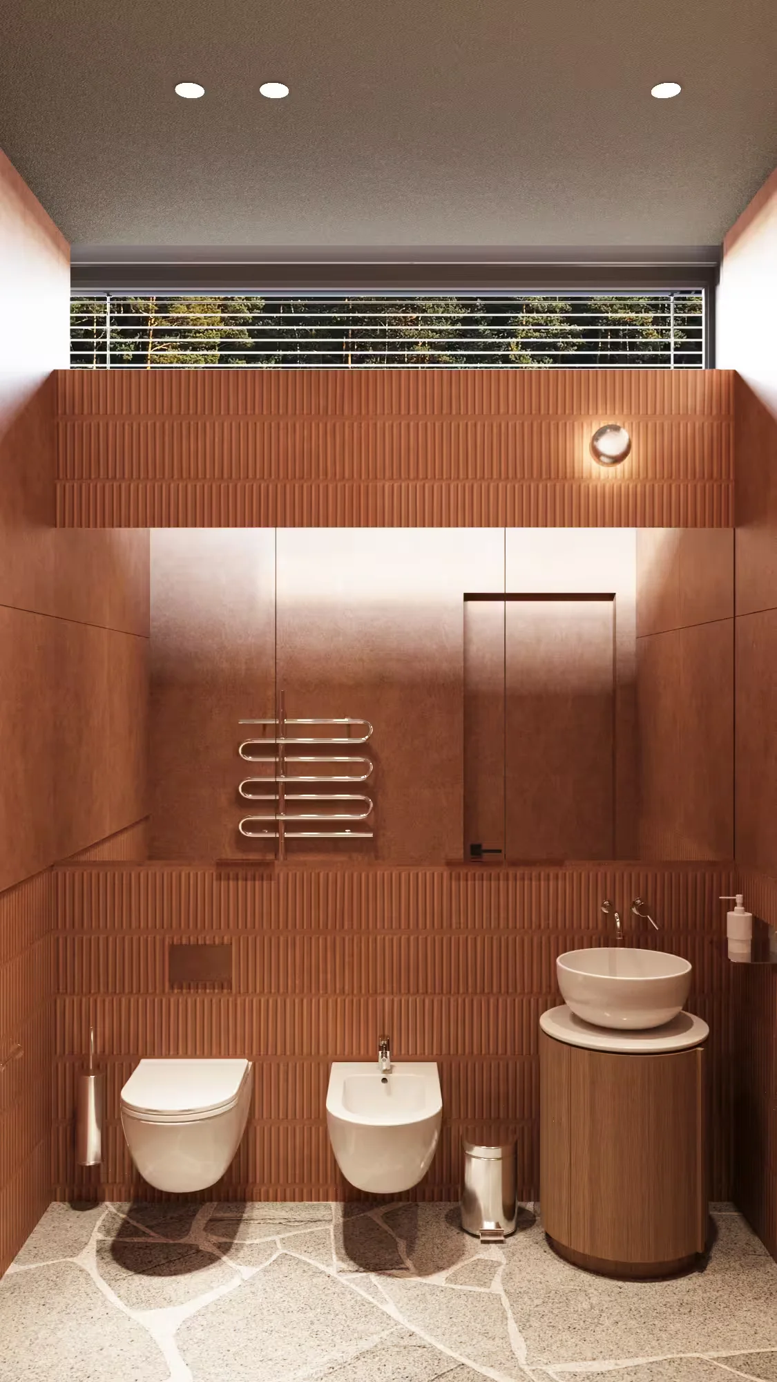 Pavilionul Verde - the terracotta-tiled bathroom, with a round basin and a clerestory window