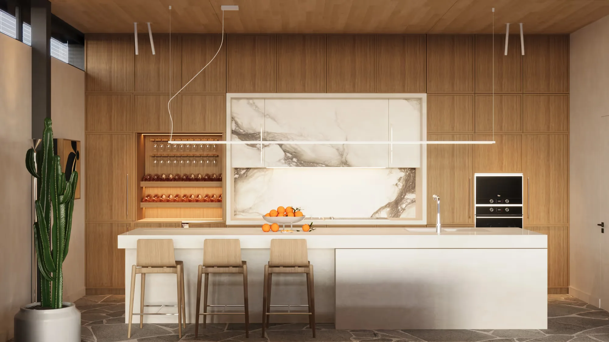 Pavilionul Verde - the kitchen with a white island and oak fronts, and the wine niche