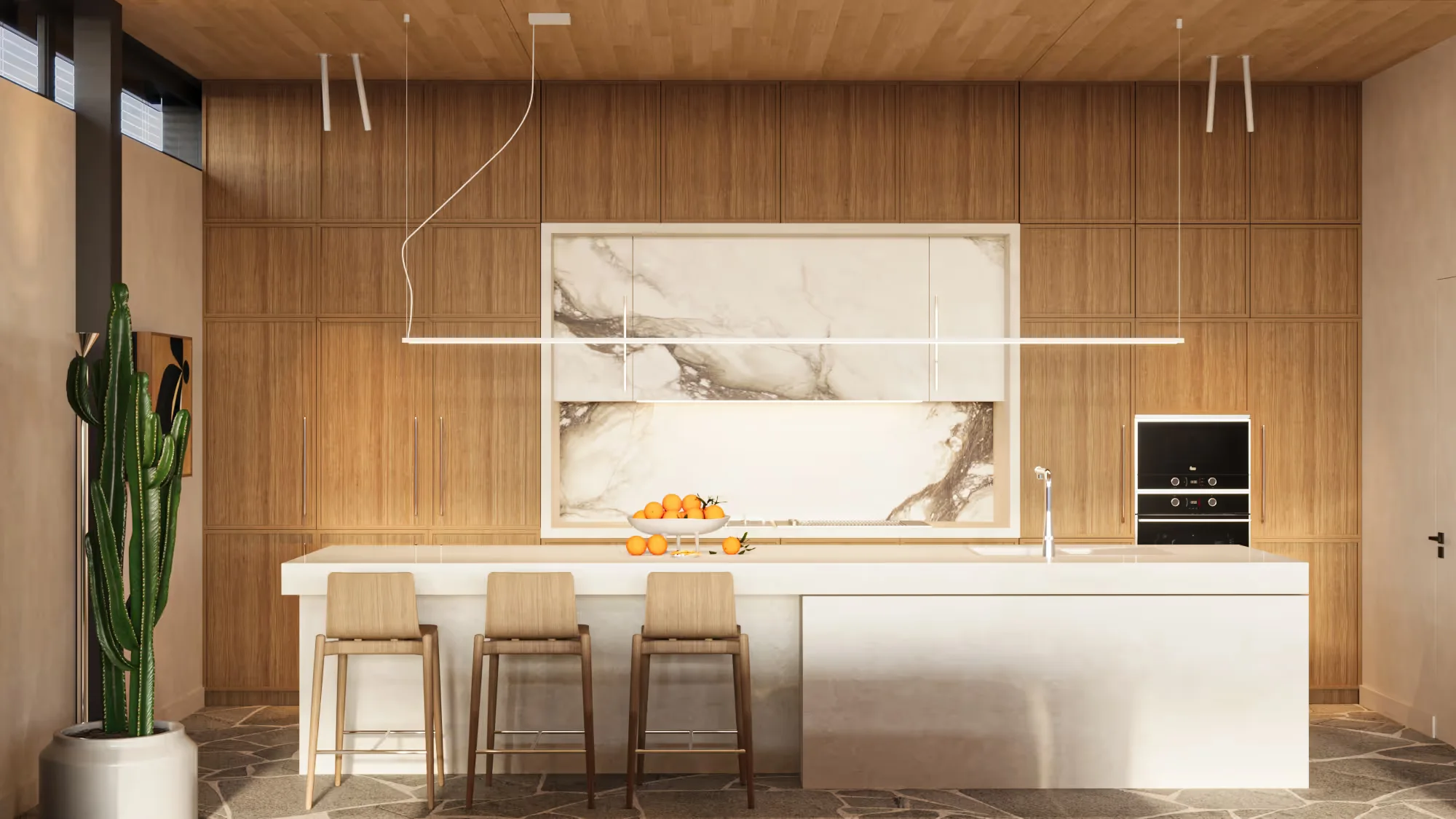 Pavilionul Verde - the kitchen head-on, with the marble panel and the linear light